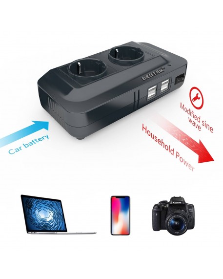 BESTEK 200W KFZ Spannungswandler 12V auf 230V Wechselrichter mit 2 Steckdosen und 4 USB Autoladegerät inkl. Zigarettenanzünder Stecker Schwarz